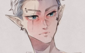 portrait of a young elf. He has grey hair, striking blue eyes, thick dark eyeberows with an eyebrow piercing on the right one, freckles, a scar running across his right eye and his eyes are red-rimmed.