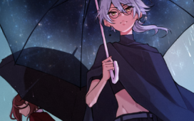 Shallow Sleep cover illustration showing Orion and Leo with black umbrellas